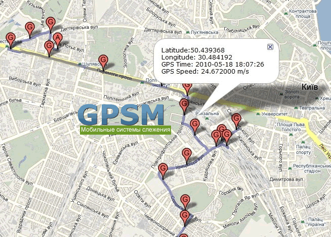 Пример сохранённого маршрута GPS логгера на карте